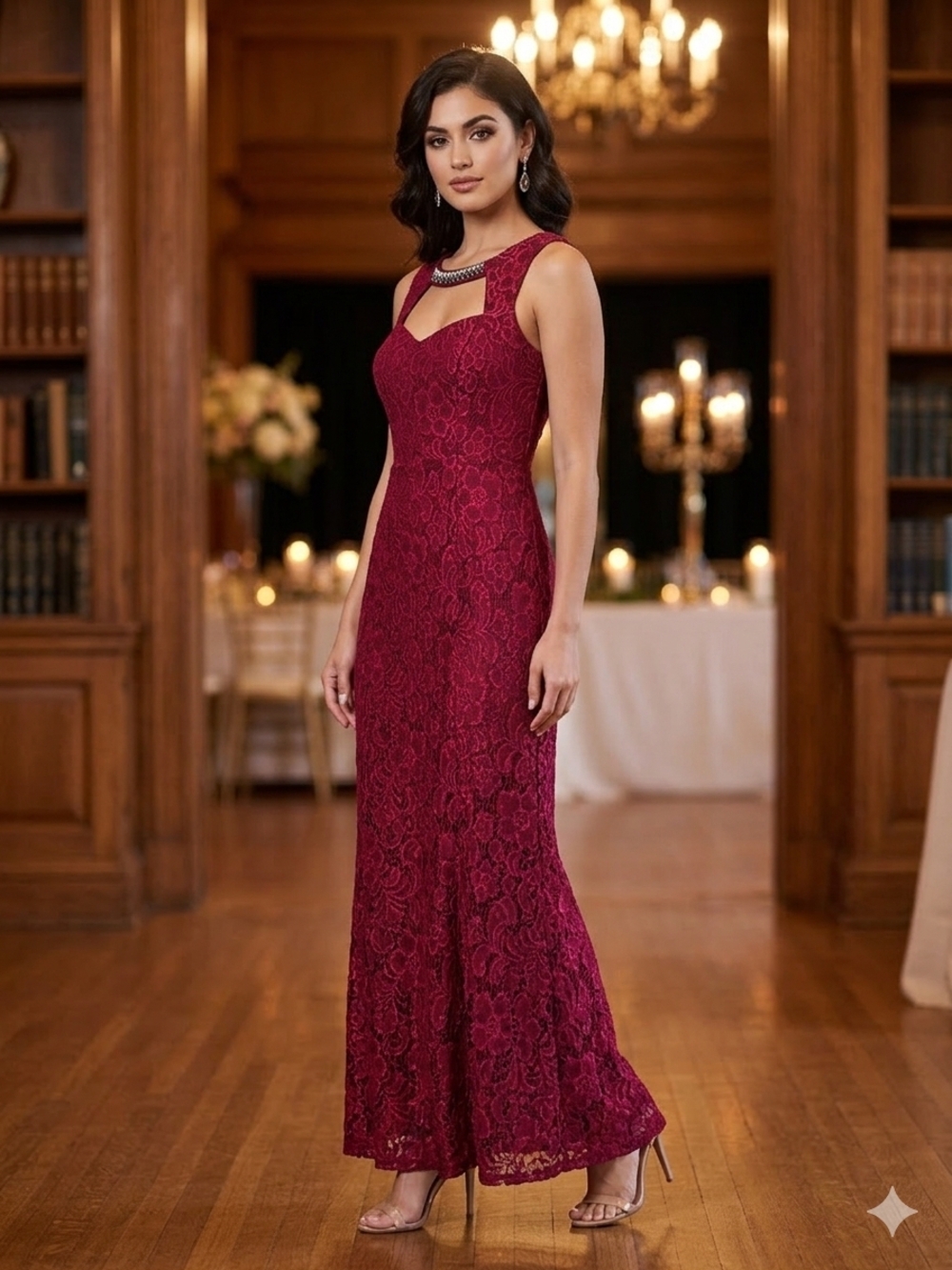 Sweet Storm Burgundy Lace Maxi Dress Embellished Neckline - L (Runs Small)